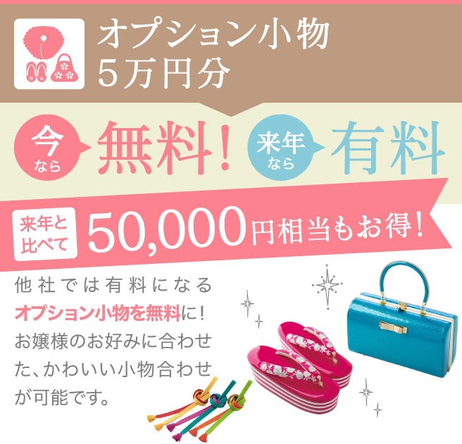 オプション小物5万円分、今なら無料!来年と比べて50,000円相当もお得!