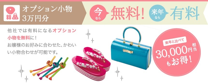 オプション小物3万円分、今なら無料!来年と比べて30,000円相当もお得!